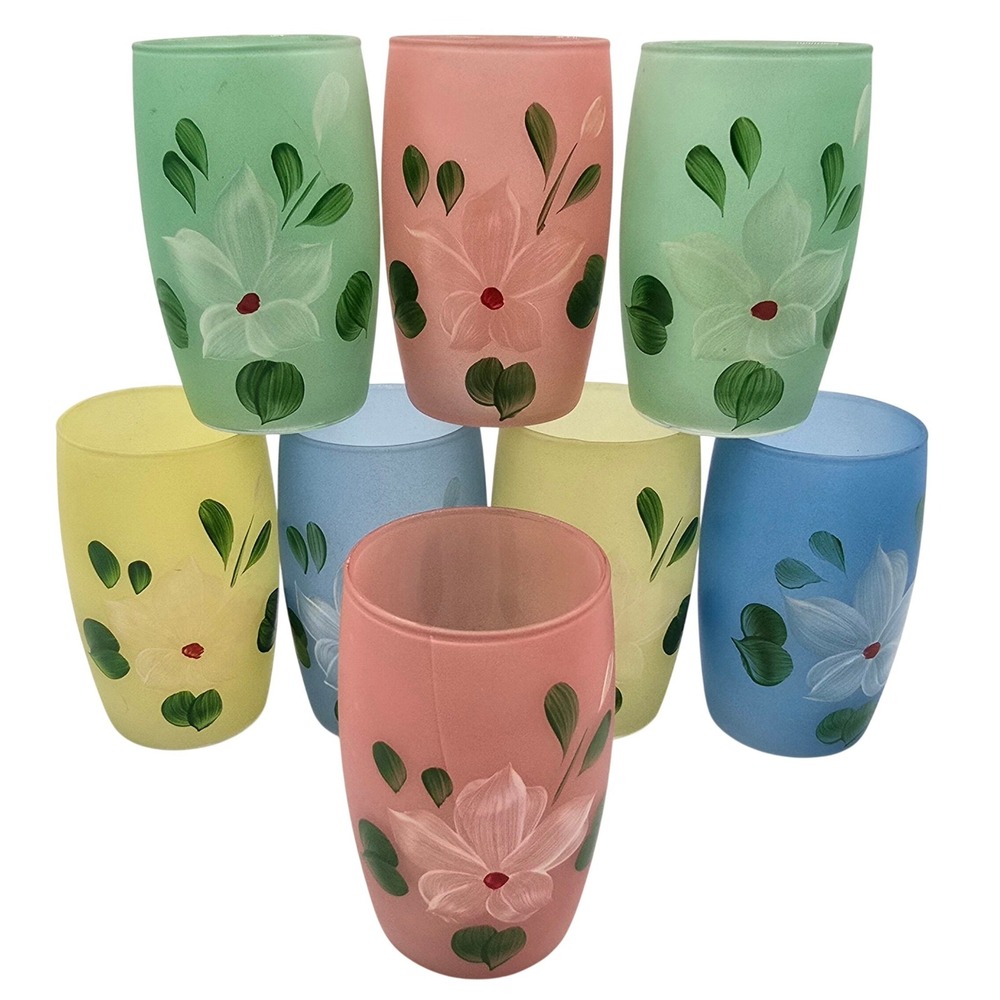Vintage Bartlett Collins Frosted Pastel‎ Glasses Hand Painted Floral Set of 8